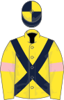 Yellow, dark blue cross belts, yellow sleeves, pink armlets, dark blue and yellow quartered cap