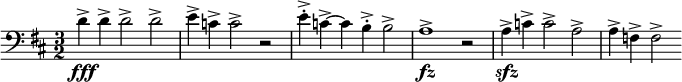 \relative c' { \clef bass \time 3/2 \key d \major d->\fff d-> d2-> d-> | e4-> c-> c2-> r | e4->-. c->~ c b->-. b2-> | a1->\fz r2 | a4->\sfz c-> c2-> a-> | a4-> f-> f2-> }