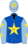 ROYAL BLUE, yellow star, light blue sleeves, yellow stars, light blue cap, yellow star