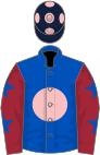 Royal blue, pink disc, maroon sleeves, royal blue stars, dark blue cap, pink spots