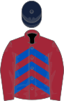 Maroon and royal blue chevrons, maroon sleeves, dark blue cap