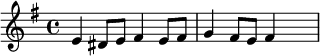 {\set Staff.midiInstrument = #"tubular bells" \key g \major e'4 dis'8 e'8 fis'4 e'8 fis'8 g'4 fis'8 e'8 fis'4 \skip4}