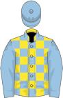 Yellow, light blue checked, light blue sleeves, light blue cap