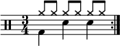  \new Staff << \new voice \relative c' { \clef percussion \numericTimeSignature \time 3/4 \set Score.tempoHideNote = ##t \tempo 4 = 100 \stemDown \repeat volta 2 { g4 d' d } } \new voice \relative c'' { \override NoteHead.style = #'cross \stemUp \repeat volta 2 { a8[ a] a[ a] a[ a] } } >>