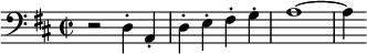  \relative c { \set Staff.midiInstrument = #"cello" \clef bass \time 2/2 \key d \major r2 d4-. a-. | d-. e-. fis-. g-. | a1~ | a4 } 