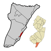 Stone Harbor Borough highlighted in Cape May County. Inset map: Cape May County highlighted in the State of New Jersey.