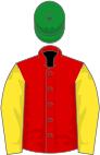 Red, yellow sleeves, green cap