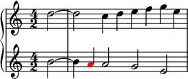  \new PianoStaff << \new Staff << \relative c'' { \clef treble \key c \major \time 4/2 \partial2 d2~ d c4 d e f g e } >> \new Staff << \relative c'' { \clef treble \key c \major \time 4/2 \partial2 b2~ b4 \once \override NoteHead.color = #red a a2 g e } >> >> 