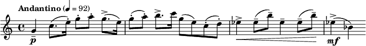  \relative c'' { \clef treble \time 4/4 \set Staff.midiInstrument = #"violin" \tempo "Andantino" 4=92 g4\p-- c8.( e16-.) g8-.[ a-.] g8.->( e16) | g8-.( a-.) b8.-> c16 g8( e) c-.( d-.) | ees4->\< ees8--( b'--) ees,4-- ees8--( b'--)\! | ees,4->\mf( bes) } 