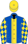 Royal blue, yellow stripe, diamonds on sleeves, yellow cap