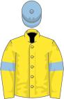 Yellow, light blue armlets, light blue cap