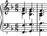 \new PianoStaff << \new Staff << \new Voice \relative c'' { \stemUp \clef treble \key f \major \time 6/8 a4. g f } \new Voice \relative c' { \stemDown <c f>4. <bes e> <a c> } >> \new Staff << \new Voice \relative c,, { \clef "bass_8" \key f \major \time 6/8 <f f'>4. <g g'> <a a'> } >> >> 