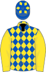 Royal blue and yellow diamonds, yellow sleeves, royal blue cap, yellow diamonds