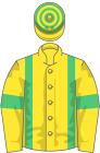 Yellow, emerald green braces, yellow sleeves, green armlets, hooped cap