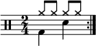  \new Staff << \new voice \relative c' { \clef percussion \numericTimeSignature \time 2/4 \set Score.tempoHideNote = ##t \tempo 4 = 100 \stemDown \repeat volta 2 { g4 d' } } \new voice \relative c'' { \override NoteHead.style = #'cross \stemUp \repeat volta 2 { a8 a a a } } >>