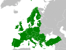 Map of Europe, with Eurail countries in green