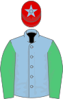 Light blue, emerald green sleeves, red cap, light blue star
