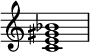  { \override Score.TimeSignature #'stencil = ##f \relative c' { \clef treble \time 4/4 \key c \major <c e gis bes>1 } } 