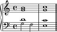  \new PianoStaff << \new Staff << \new Voice \relative c'' { \stemUp \clef treble \key c \major \time 4/4 b1 c1 } \new Voice \relative c'' { \stemDown g1 g1 } >> \new Staff << \new Voice \relative c' { \stemUp \clef bass \key c \major \time 4/4 d1 c1 } \new Voice \relative c' { \stemDown g2 f e1 \bar "||" } >> >> 