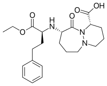 Kekulé, stereo, skeletal formula of cilazapril ((1S,9S)-9-[(2S)-2-yl]amin,-1-carbox)
