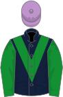 Dark blue, green chevron and sleeves, mauve cap