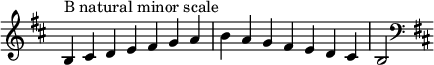  { \override Score.TimeSignature #'stencil = ##f \relative c' { \clef treble \key b \minor \time 7/4 b4^\markup "B natural minor scale" cis d e fis g a b a g fis e d cis b2 \clef bass \key b \minor } } 