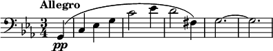 \relative c{ \clef bass \key c \minor \time 3/4 \tempo "Allegro" \partial 4 g(\pp | c ees g | c2 ees4 | d2 fis,4) | g2.~ | g2.}