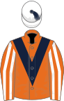 Orange, dark blue chevron, orange and white striped sleeves,white cap, dark blue tassel