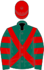 Dark green, red cross belts, hooped sleeves, red cap