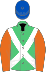 Emerald green, white cross belts, orange sleeves, royal blue cap