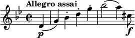  \relative c' { \time 2/2 \tempo "Allegro assai" \key g \minor \set Staff.midiInstrument = #"violin" \set Score.tempoHideNote = ##t \tempo 2 = 120 \partial 4 d\p ( g ) bes-. d-. g-. bes2 ( a4 ) cis,8\f } 