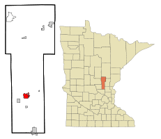 Location of Milaca within Mille Lacs County and state of Minnesota