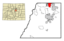 Location of the Meridian CDP in Douglas County, Colorado.