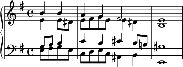  \new PianoStaff << \new Staff << \new Voice \relative c'' { \stemUp \clef treble \key e \minor \time 4/4 \partial2 b4 b a g fis2 e1 } \new Voice \relative c' { \stemDown \partial2 e4 e8 dis e fis g e e4 dis b1 } >> \new Staff << \new Voice \relative c' { \stemUp \clef bass \key e \minor \time 4/4 \partial2 g8 a b4 c b cis b8 a! gis1 } \new Voice \relative c { \stemDown \partial2 e8 fis g e c d e c ais4 b e,1 } >> >> 