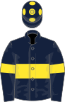 Dark blue, yellow hoop, armlets and spots on cap