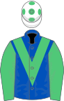 Royal blue, emerald green chevron and sleeves, white cap, emerald green spots