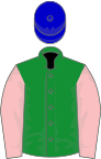 Green, pink sleeves, blue cap