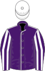Purple, white seams, striped sleeves, white cap