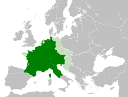 The Carolingian Empire at its greatest extent in 814 *.mw-parser-output .legend{page-break-inside:avoid;break-inside:avoid-column}.mw-parser-output .legend-color{display:inline-block;min-width:1.25em;height:1.25em;line-height:1.25;margin:1px 0;text-align:center;border:1px solid black;background-color:transparent;color:black}.mw-parser-output .legend-text{}   Frankish realms and marches *.mw-parser-output .legend{page-break-inside:avoid;break-inside:avoid-column}.mw-parser-output .legend-color{display:inline-block;min-width:1.25em;height:1.25em;line-height:1.25;margin:1px 0;text-align:center;border:1px solid black;background-color:transparent;color:black}.mw-parser-output .legend-text{}   Tributary states