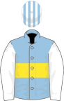 Light blue, yellow hoop, white sleeves, light blue and white striped cap