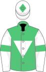 Emerald green, white inverted triangle, white sleeves, emerald green armlets and diamond on white cap