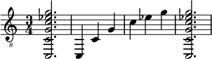  { \clef "treble_8" \time 3/4 <c, c g c' ees' g'>2. <c, >4 <c >4 <g >4 <c' >4 <ees' >4 <g' >4 <c, c g c' ees' g'>2. } 
