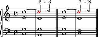  \new PianoStaff << \new Staff << \new Voice \relative c'' { \stemUp \clef treble \key c \major \time 4/4 c1^~ \once \override NoteHead.color = #red c2^\markup { " 2 - 3" } d2 c1^~ \once \override NoteHead.color = #red c2^\markup { " 7 - 8" } d2 } \new Voice \relative c' { \stemDown e1 d e d } >> \new Staff << \new Voice \relative c { \clef bass \key c \major \time 4/4 <c g'>1 <b g'> \bar "||" <c g'> <d f> \bar "||" } >> >> 