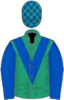 Emerald green, royal blue chevron and sleeves, check cap