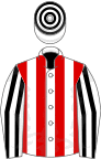White and red stripes, white and black striped sleeves, hooped cap