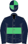 DARK BLUE, emerald green hoop, dark blue sleeves, quartered cap