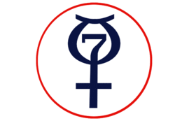 Circle containing the astronomical symbol for planet Mercury, with the numeral 7 inside it