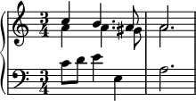  \new PianoStaff << \new Staff << \set Score.tempoHideNote = ##t \tempo 4 = 72 \set Staff.midiInstrument = #"voice oohs" \new Voice \relative c'' { \stemUp \clef treble \key a \minor \time 3/4 c4 b4. a8 a2. } \new Voice \relative c'' { \stemDown a4 a4. gis8 a2. } >> \new Staff << \new Voice \relative c' { \set Staff.midiInstrument = #"voice oohs" \clef bass \key a \minor \time 3/4 c8 d e4 e, a2. } >> >> 