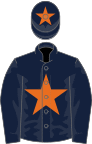 Dark blue, orange star, dark blue sleeves, dark blue cap, orange star