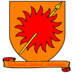 A coat of arms showing a yellow spear piercing a red sun on a field of orange